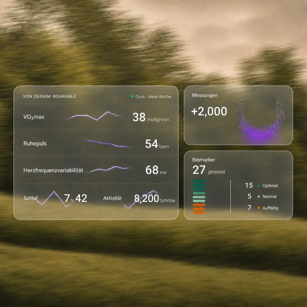 Wearable health data dashboard showing VO2 max, resting pulse, sleep, activity steps, and biomarker test results.